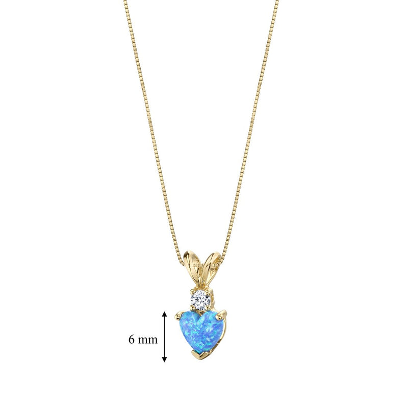 14 Karat Yellow Gold Heart Shape Created Blue Opal Diamond Pendant P9866-dimensions