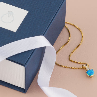 14 Karat Yellow Gold Heart Shape Created Blue Opal Diamond Pendant P9866-box