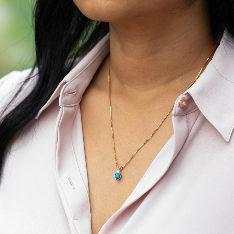 14 Karat Yellow Gold Heart Shape Created Blue Opal Diamond Pendant P9866-model