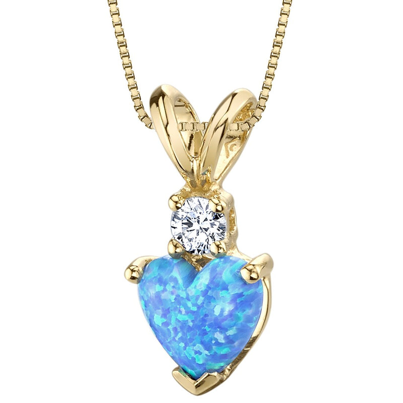 14 Karat Yellow Gold Heart Shape Created Blue Opal Diamond Pendant P9866