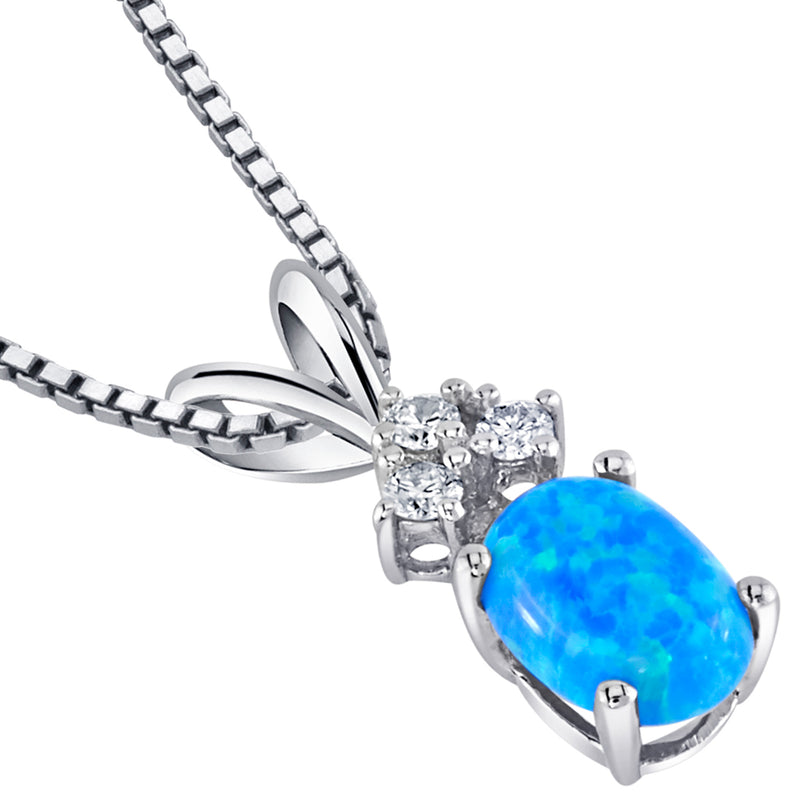 Blue Opal and Diamond Pendant Necklace 14K White Gold 0.50 Carat Oval
