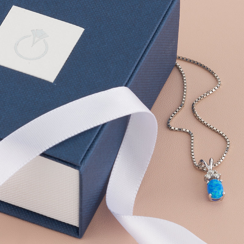 Blue Opal and Diamond Pendant Necklace 14K White Gold 0.50 Carat Oval