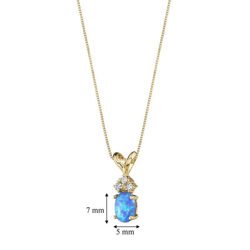 14K Yellow Gold Oval Shape Created Blue Opal Diamond Pendant Necklace