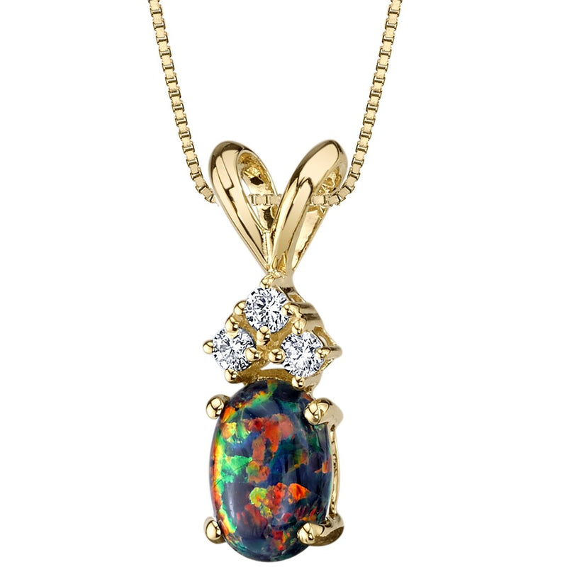 14K Yellow Gold Oval Shape Created Black Opal Diamond Pendant Necklace
