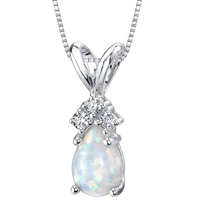 Opal and Diamond Pendant Necklace 14K White Gold 0.50 Carat Pear Shape