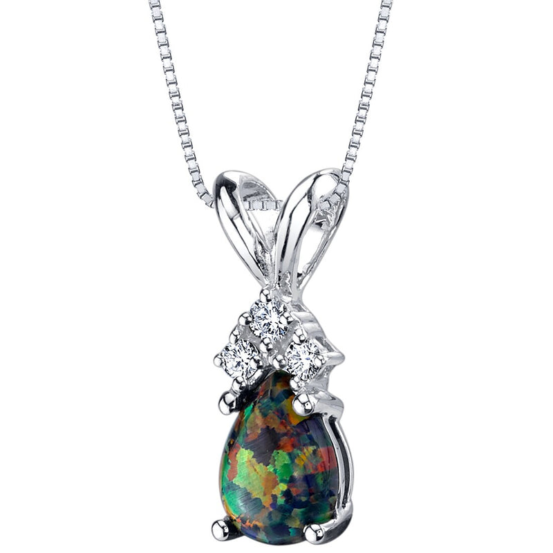 Black Opal and Diamond Pendant Necklace 14K White Gold 0.50 Carat Pear Shape
