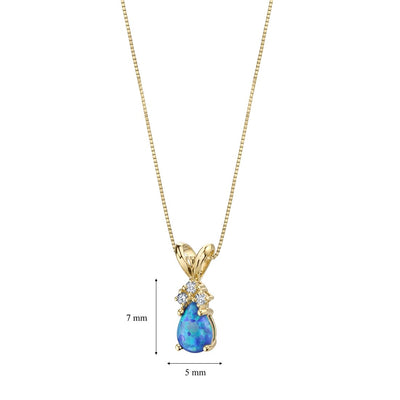 14K Yellow Gold Created Blue Opal and Diamond Pendant Necklace Pear Shape