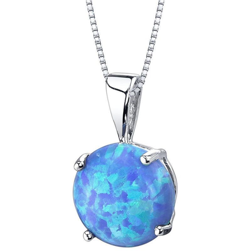 14K White Gold Created Blue Opal Solitaire Pendant Necklace Round Shape