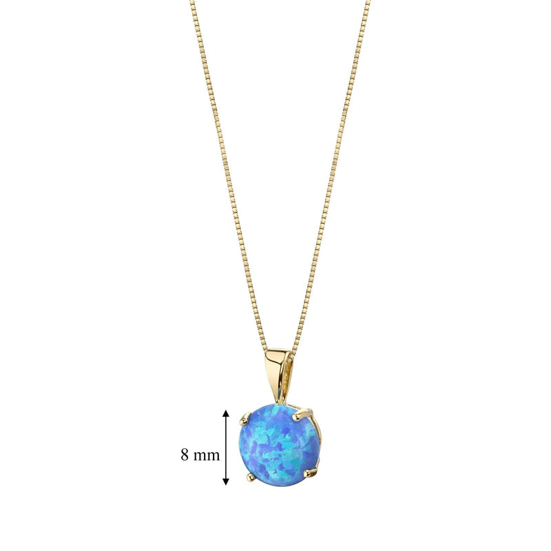 14K Yellow Gold Created Blue Opal Solitaire Pendant Necklace Round Shape
