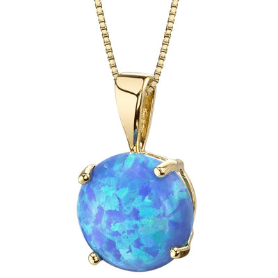14K Yellow Gold Created Blue Opal Solitaire Pendant Necklace Round Shape