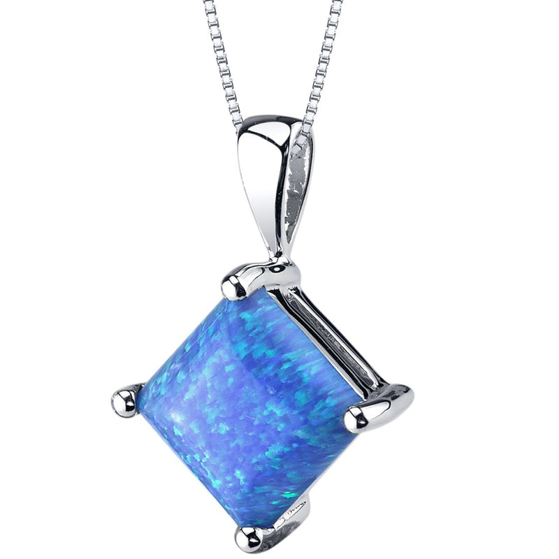 14K White Gold Created Blue Opal Pendant Necklace Princess Cut