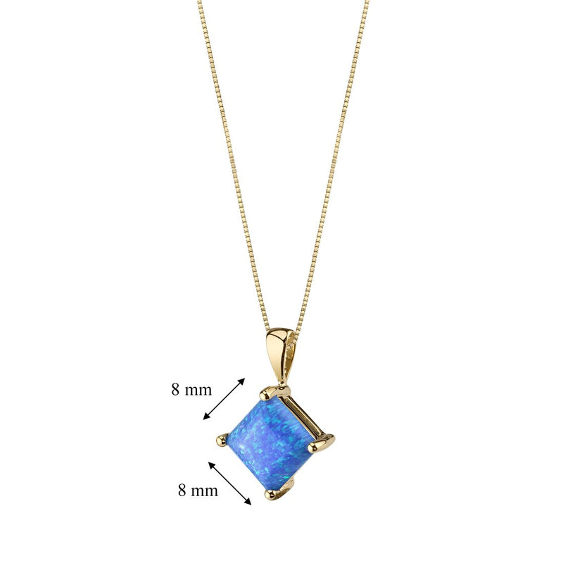 14K Yellow Gold Created Blue Opal Pendant Necklace Princess Cut