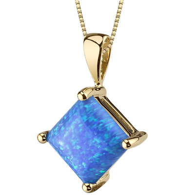 14K Yellow Gold Created Blue Opal Pendant Necklace Princess Cut