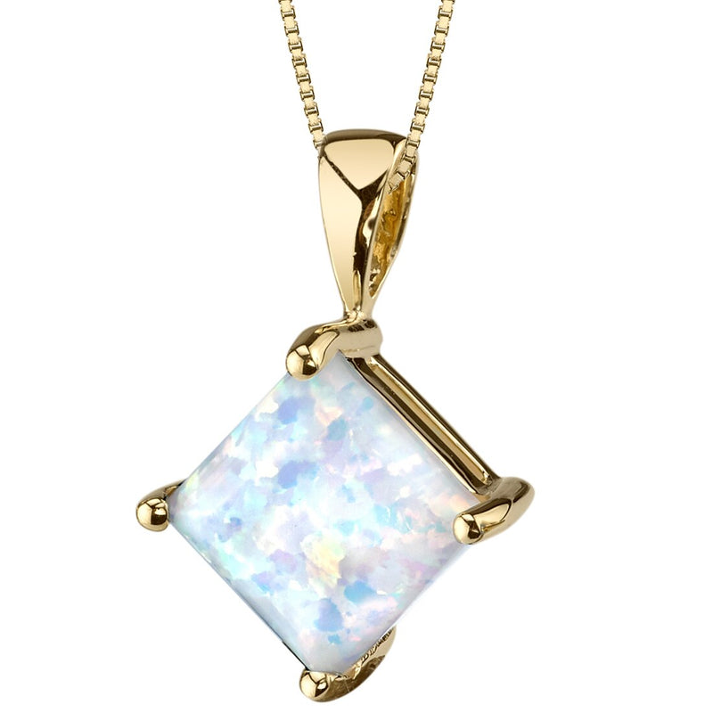 14K Yellow Gold Created Opal Pendant Necklace Princess Cut