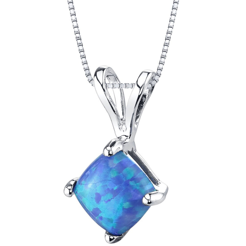 14 Karat White Gold Cushion Cut Created Blue Opal Pendant P9920