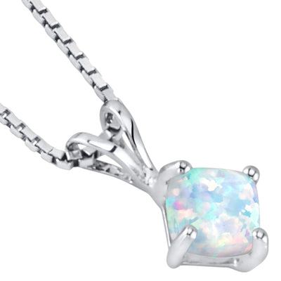 14K White Gold Created Opal Pendant Necklace Cushion Cut