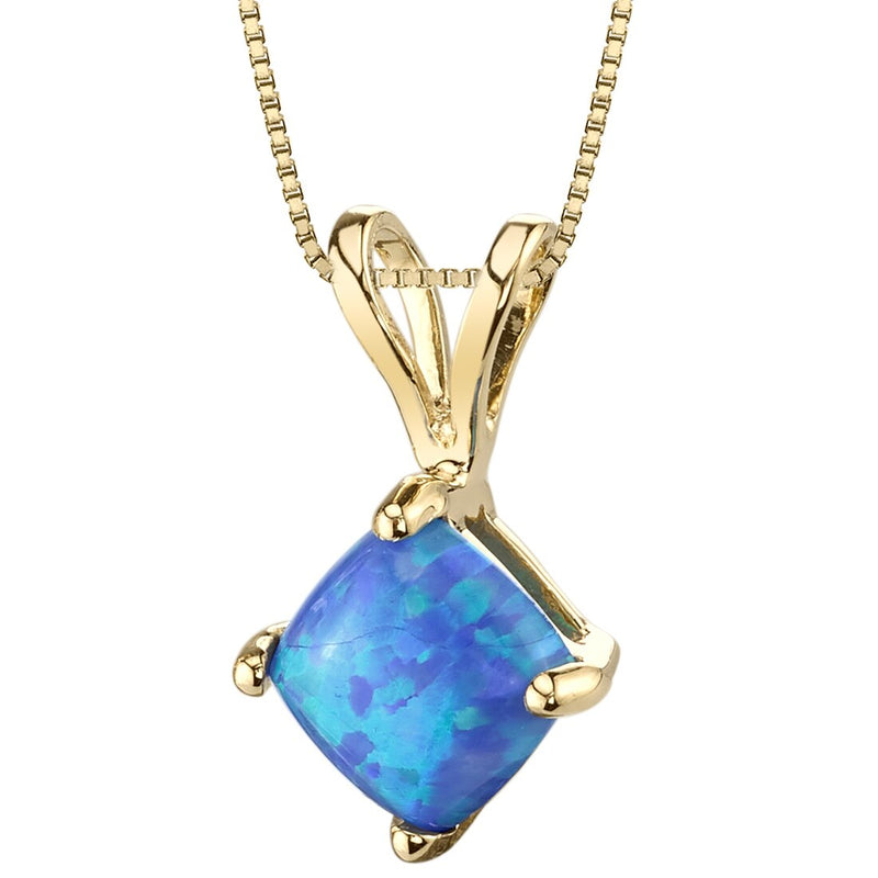14K Yellow Gold Created Blue Opal Pendant Necklace Cushion Cut