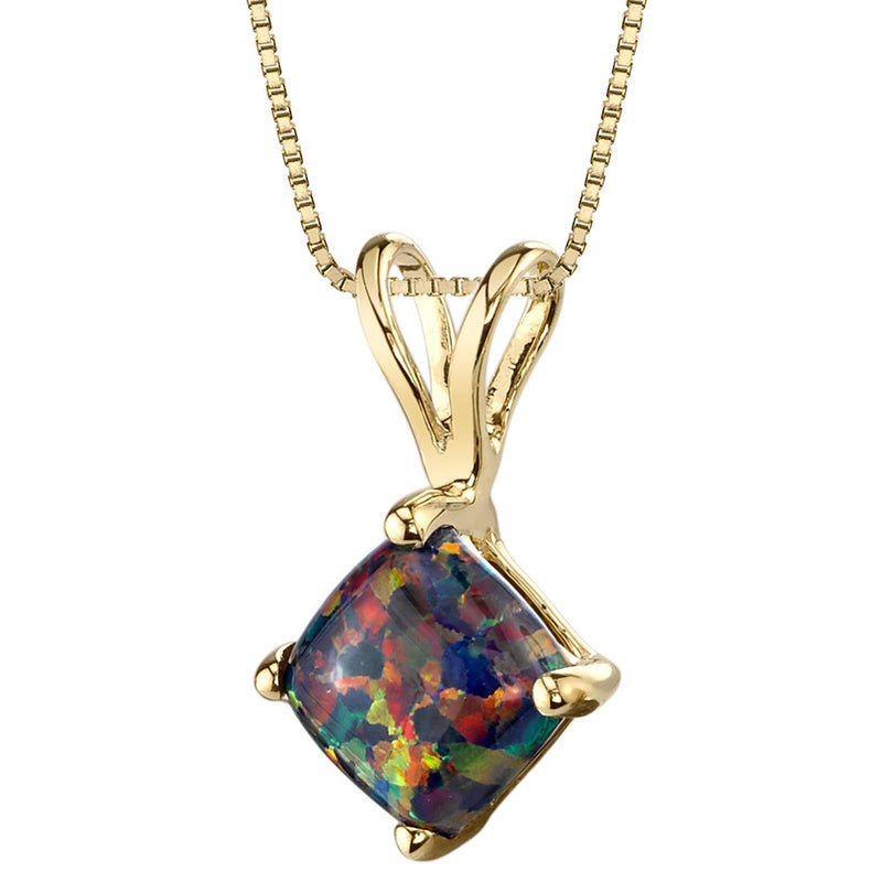 14K Yellow Gold Created Black Opal Pendant Necklace Cushion Cut