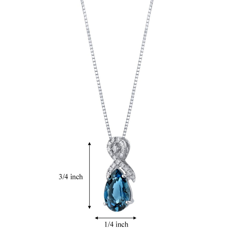 London Blue Topaz 14K White Gold Pear-Shaped Ribbon Pendant Necklace 3 Carats