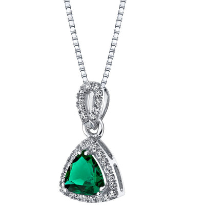 Created Emerald Halo Pendant Necklace in 14k White Gold 1.50 Carats Trillion-Cut