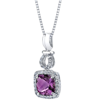 Amethyst Halo Drop Pendant Necklace in 14K White Gold 2 Carats Cushion Cut