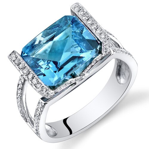 Swiss Blue Topaz Ring 14 Karat White Gold Emerald Shape 4.6 Cts