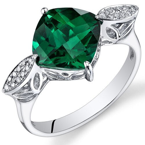 Emerald Ring 14 Karat White Gold Cushion Shape 3 Carats