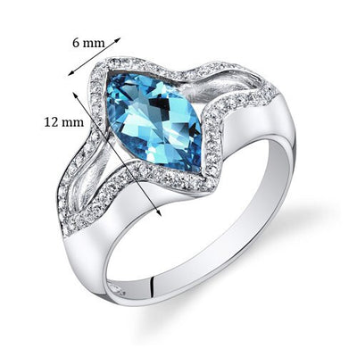 Swiss Blue Topaz Ring 14 Kt White Gold Marquise Shape 1.9 Cts