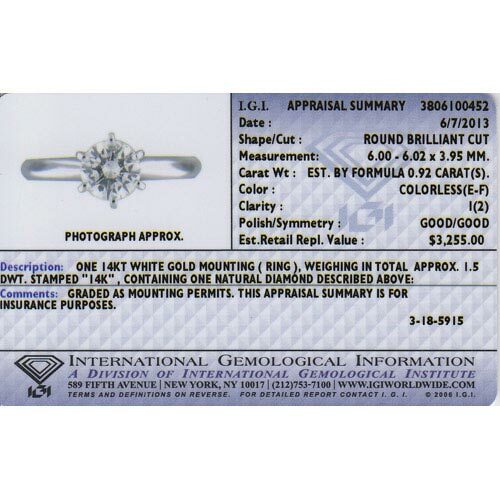 Diamond Solitaire Ring 14K White Gold 0.92 Carats IGI Certified