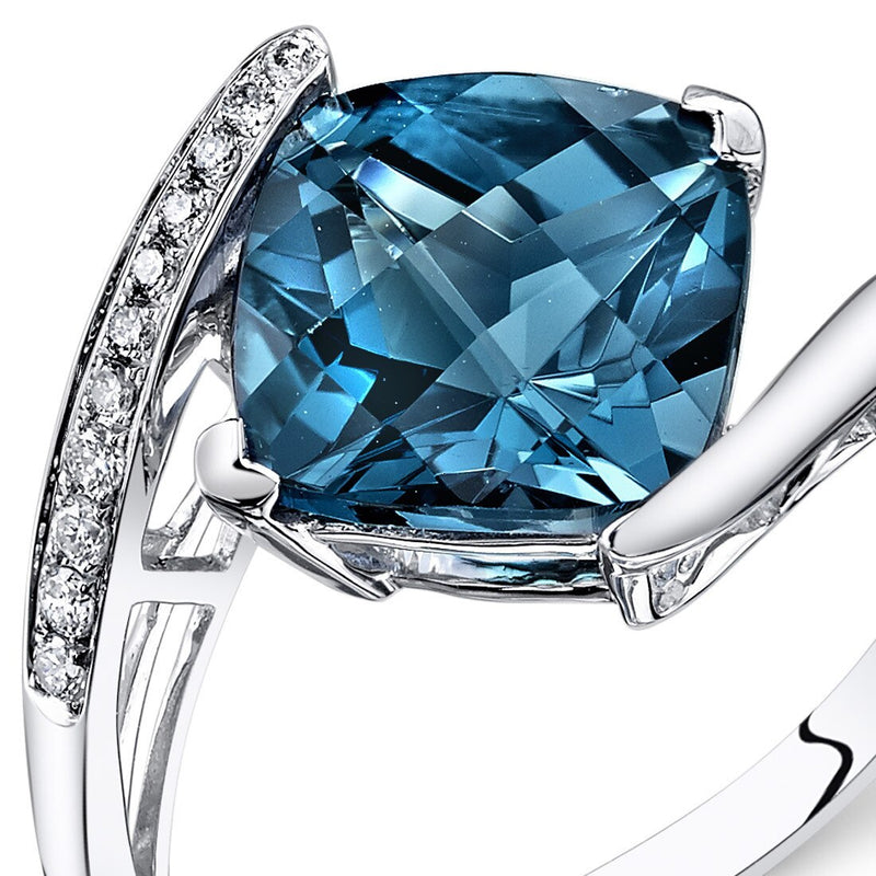 London Blue Topaz Ring 14 Karat White Gold Cushion 4 Carats