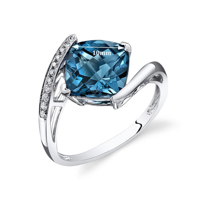 London Blue Topaz Ring 14 Karat White Gold Cushion 4 Carats