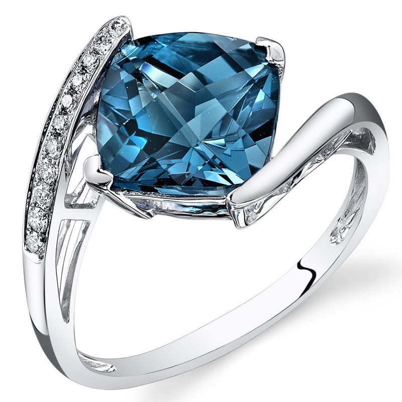 London Blue Topaz Ring 14 Karat White Gold Cushion 4 Carats