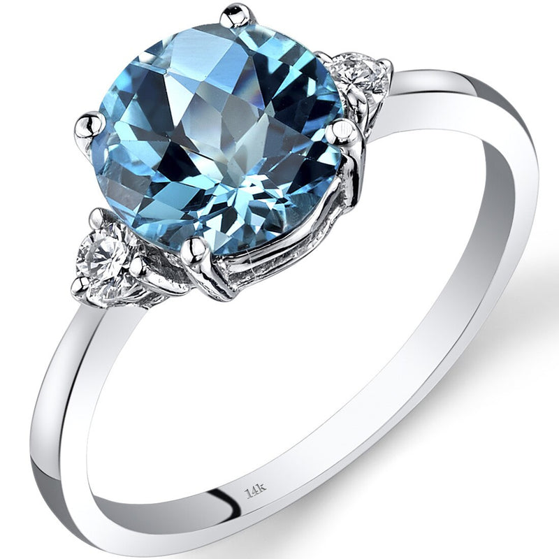 14K White Gold Swiss Blue Topaz Diamond Ring 2.25 Carat Round Cut