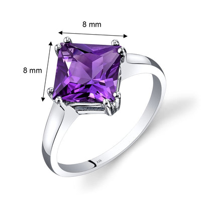 14K White Gold Amethyst Solitaire Ring 2.00 Carat Princess Cut