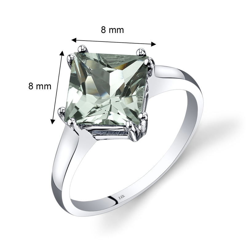 14K White Gold Green Amethyst Solitaire Ring 2.00 Carat Princess Cut