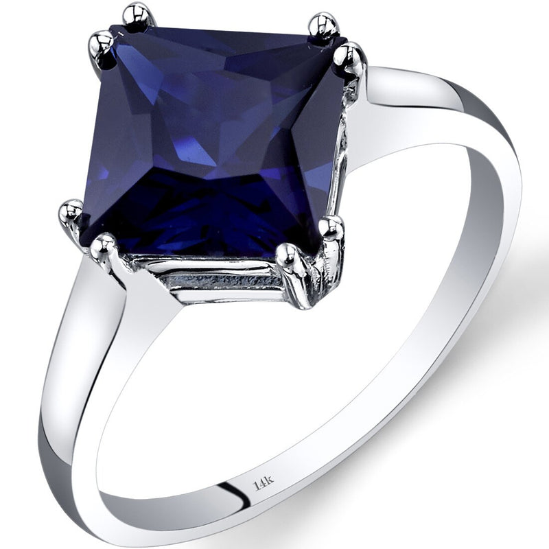 14K White Gold Created Blue Sapphire Solitaire Ring 3.25 Carat Princess Cut