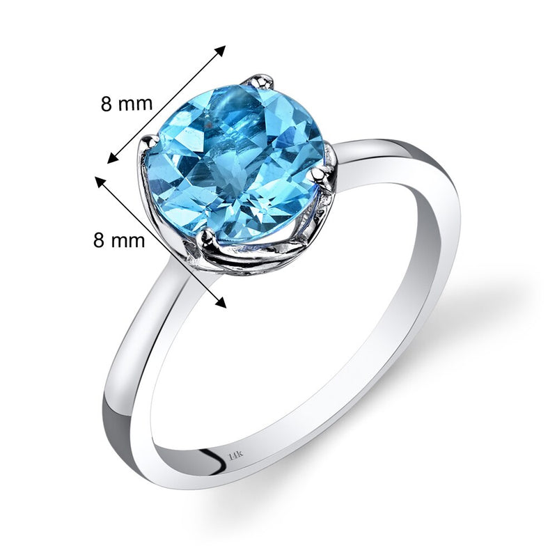 14K White Gold Swiss Blue Topaz Solitaire Ring 2.25 Carat Checkerboard Cut