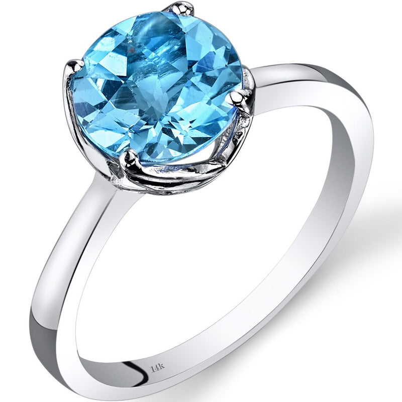 14K White Gold Swiss Blue Topaz Solitaire Ring 2.25 Carat Checkerboard Cut