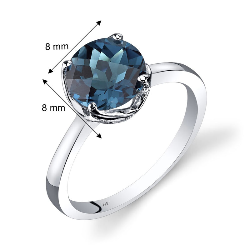 14K White Gold London Blue Topaz Solitaire Ring 2.25 Carat Checkerboard Cut
