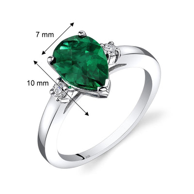 14K White Gold Created Emerald Diamond Tear Drop Ring 1.75 Carat