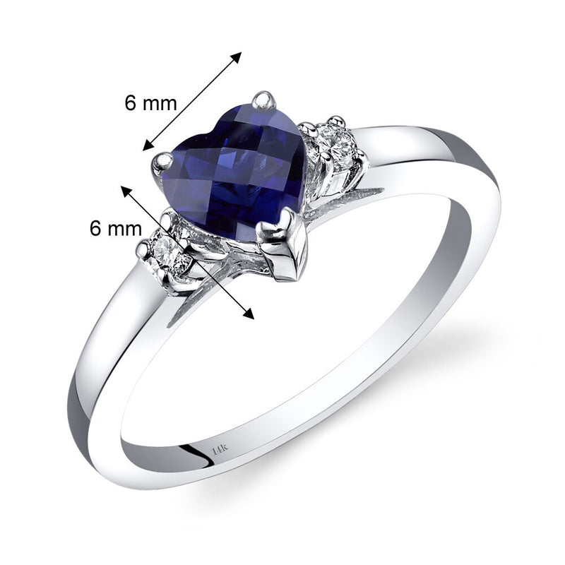 14K White Gold Created Blue Sapphire Diamond Heart Ring 1.00 Carat