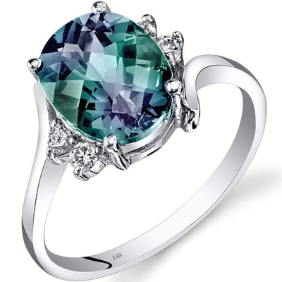 Alexandrite and Diamond Bypass Ring 14K White Gold 3 Carats Oval Shape