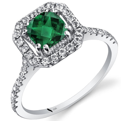 14K White Gold Created Emerald Cushion Cut Halo Ring 0.75 Carats