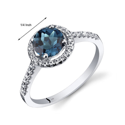 14K White Gold London Blue Topaz Halo Ring Round Checkerboard Cut 1.25 Carats