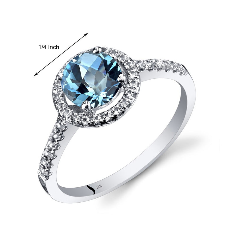 14K White Gold Swiss Blue Topaz Halo Ring Round Checkerboard Cut 1.25 Carats