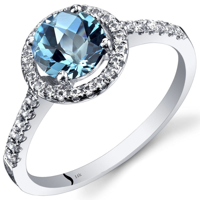 14K White Gold Swiss Blue Topaz Halo Ring Round Checkerboard Cut 1.25 Carats