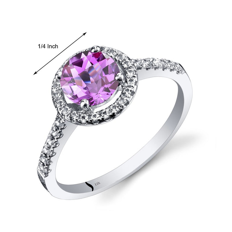 14K White Gold Created Pink Sapphire Halo Ring Round Checkerboard Cut 1.50 Carats