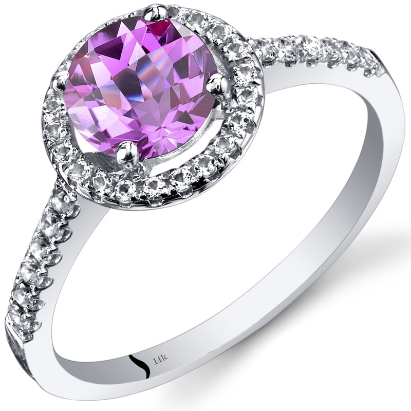 14K White Gold Created Pink Sapphire Halo Ring Round Checkerboard Cut 1.50 Carats