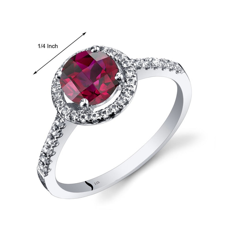 14K White Gold Created Ruby Halo Ring Round Checkerboard Cut 1.25 Carats