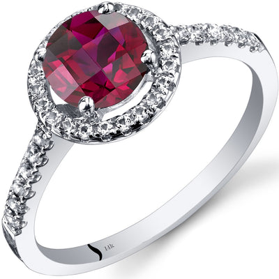 14K White Gold Created Ruby Halo Ring Round Checkerboard Cut 1.25 Carats